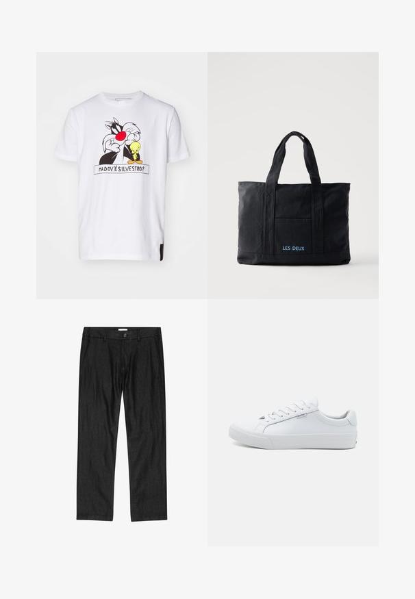 T-shirt en coton blanc présentant un graphique de Sylvester le chat et Tweety, avec le texte "MADOVÉ SILVESTRO ?" en dessous du design.; Pantalon droit pour homme noir avec bouton à l'avant, braguette à glissière et poches latérales, présenté à plat sur fond blanc.; Baskets blanches en cuir avec une finition lisse, design bas, bout rond et semelle plate en caoutchouc. Dotées de lacets plats et d'une signalétique minimale.; Sac cabas en toile noire avec deux anses, poche avant et "LES DEUX" brodé en bleu sur la poche avant.