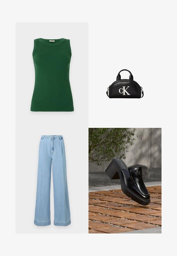 Grønt ærmeløst ribbet tanktop med rund halsudskæring, der har en glat tekstur og en tætsiddende silhuet.; Lyseblå denim bredbenede jeans med høj talje, folder foran og rå kant for et afslappet look.; Sort læder Calvin Klein slip-on mule med blokhæl, der hviler på trætøj udendørs nær en grøn plante og en grå væg.; Lille sort læderhåndtaske med to korte håndtag, aftagelig skulderrem og stort hvidt "cK" logo på fronten.