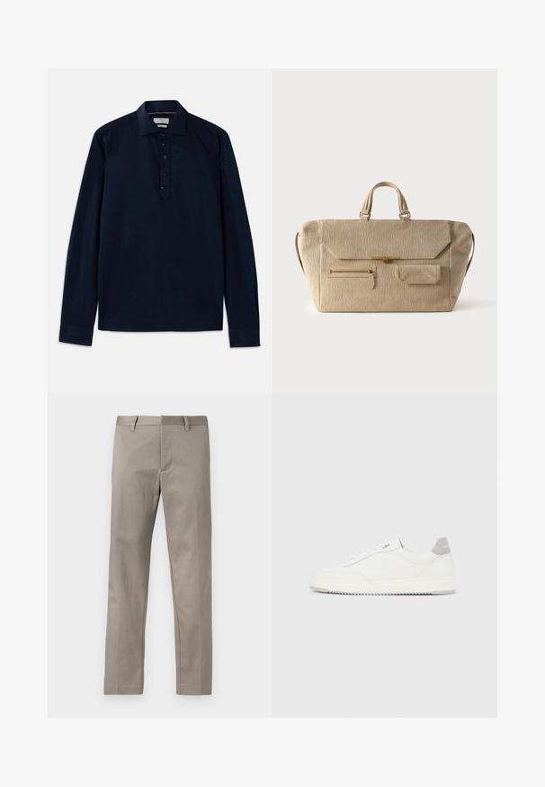 Michael Kors Top s dlhým rukávom - navy; Svetlosivé nohavice s rovnými nohavicami, vyrobené z hladkej látky, s hladkým predným dielom a štandardným pásom s priechodkami na opasok.; Biela nízka teniska so sivým pätovým pásikom, bielymi šnúrkami a členitou podrážkou, zobrazená na jednoduchom svetlom pozadí.; Bežová kordová víkendová taška s dvoma rukoväťami, zapínaním na chlopňu, predným vreckom na zips a malým vreckom na chlopni na bielom pozadí.