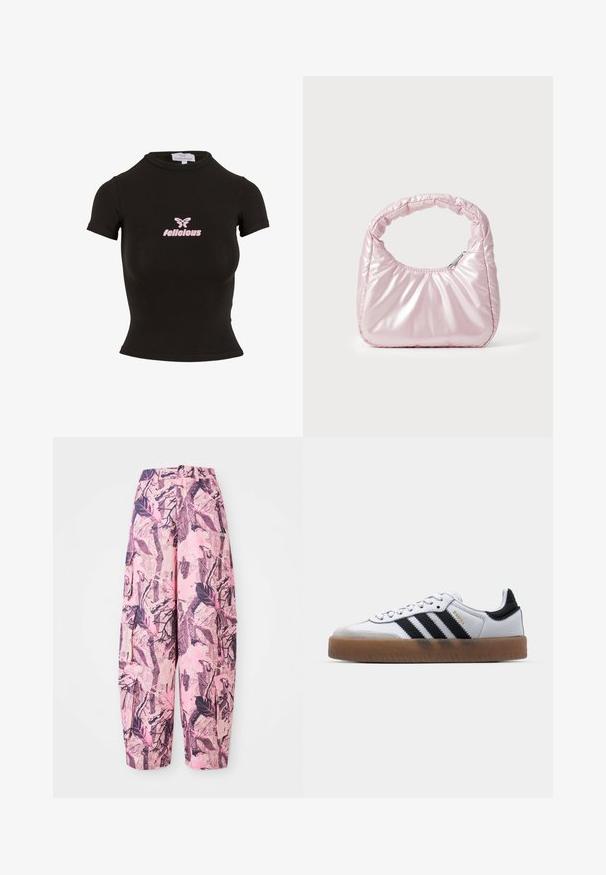 Top court noir à manches courtes fabriqué dans un matériau extensible. Présente un logo "felicious" rose et un graphique de papillon sur le devant.; Des pantalons larges à motifs roses et violets présentent un design de feuilles et de branches, avec une taille haute et des poches latérales pour une fonctionnalité supplémentaire.; Baskets en cuir blanc avec des rayures noires, semelle extérieure en caoutchouc beige, bout rond, fermeture lacée et embout en suède gris doux.; Sac à main rose rembourré avec un design arrondi, fabriqué à partir d'un matériau brillant. Dispose d'une poignée froncée et d'une fermeture éclair pour un accès sécurisé.