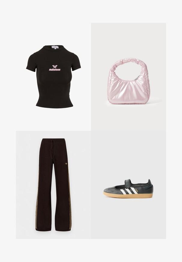 Top court noir à manches courtes fabriqué dans un matériau extensible. Présente un logo "felicious" rose et un graphique de papillon sur le devant.; Pantalon large en maille noire avec bandes latérales beiges, taille élastique, cordon de serrage et petit logo sur la cuisse gauche.; Sneaker en cuir noir et suède avec une sangle Velcro, arborant trois bandes blanches et une semelle en caoutchouc, étiqueté "SAMBA" sur le côté.; Sac à main rose rembourré avec un design arrondi, fabriqué à partir d'un matériau brillant. Dispose d'une poignée froncée et d'une fermeture éclair pour un accès sécurisé.