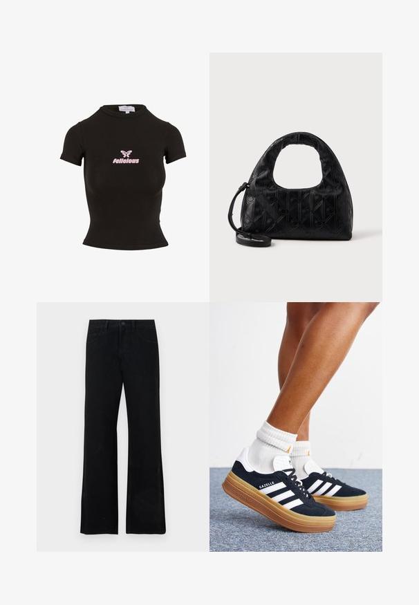 Zwarte korte mouwen crop top gemaakt van rekbaar materiaal. Heeft een roze "felicious" logo en een vlinderafbeelding op de voorkant.; Zwarte denim flared jeans met een gladde textuur, voorzien van een sluiting met knopen aan de voorkant, riemlussen en een klassiek ontwerp met vijf zakken.; Ben met witte sokken en zwarte Adidas Gazelle sneakers met witte strepen en dikke bruine zolen op een grijs tapijt.; Zwarte leren handtas met een gebogen bovenhandvat, subtiel diamantenpatroon en een afneembare schouderband. De textuur is glad met geperste details.