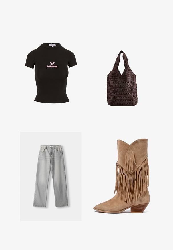 Zwarte korte mouwen crop top gemaakt van rekbaar materiaal. Heeft een roze "felicious" logo en een vlinderafbeelding op de voorkant.; Lichtgrijze denim jeans met een rechte pasvorm, voorzien van twee voorkruizen, een knoopsluiting en subtiele vervaging voor textuur.; Tan leren cowboylaarzen met franjes, een puntige neus en een lage gestapelde hak. Bevat een diamantvormige patch op de boord.; Donkerbruine gehaakte tote tas met geïntegreerde handvatten, met een gestructureerd geweven patroon en een open bovenkant.