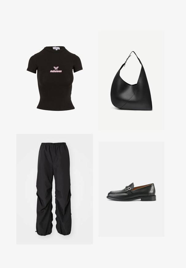 Zwarte korte mouwen crop top gemaakt van rekbaar materiaal. Heeft een roze "felicious" logo en een vlinderafbeelding op de voorkant.; Zwarte elastische taillebandbroek van waterafstotend materiaal. Heeft een losse pasvorm metGathered cuffs bij de enkels en geen zichtbare patronen.; Zwarte leren loafers met een gestikt ontwerp, voorzien van een dubbele gespsluiting en een licht verhoogde hak voor extra lengte.; Zwarte leren schoudertas met gebogen driehoekige vorm, enkele verstelbare riem en zichtbare diagonale naad aan de voorkant.