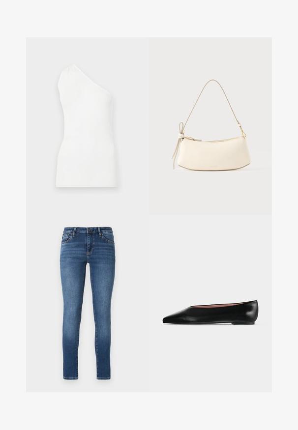 Witte, geribbelde tanktop met één schouderontwerp. Heeft een strakke pasvorm en subtiele textuur, wat een minimalistische stijl benadrukt.; Dunne jeans in donkerblauwe denim, met vijf zakken, een knoopsluiting en lichte vervagingdetails aan de voorkant en achterkant voor extra textuur.; Zwarte leren damesschoen met platte zool, puntige neus en lage hak, zijwaarts afgebeeld tegen een effen lichtgrijze achtergrond.; Witte leren schoudertas met een gebogen ontwerp, gouden accenten en een gestrikte band. Soepele textuur, ritssluiting aan de bovenkant.