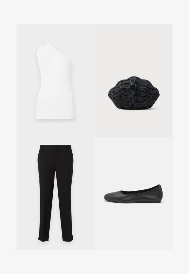 Witte, geribbelde tanktop met één schouderontwerp. Heeft een strakke pasvorm en subtiele textuur, wat een minimalistische stijl benadrukt.; Zwarte op maat gemaakte broek van een gladde stof, met een rechte pijp ontwerp, riemlussen en zijzakken. Geen zichtbare patronen of hardware.; Zwarte leren ballerina met een ronde neus, gladde textuur, minimale stikdetails en een flexibele zoolontwerp.; Zwarte gevlochten handtas in de vorm van een sint-jakobsschelp met een gebogen bovenkant en een geweven textuur op een effen achtergrond.