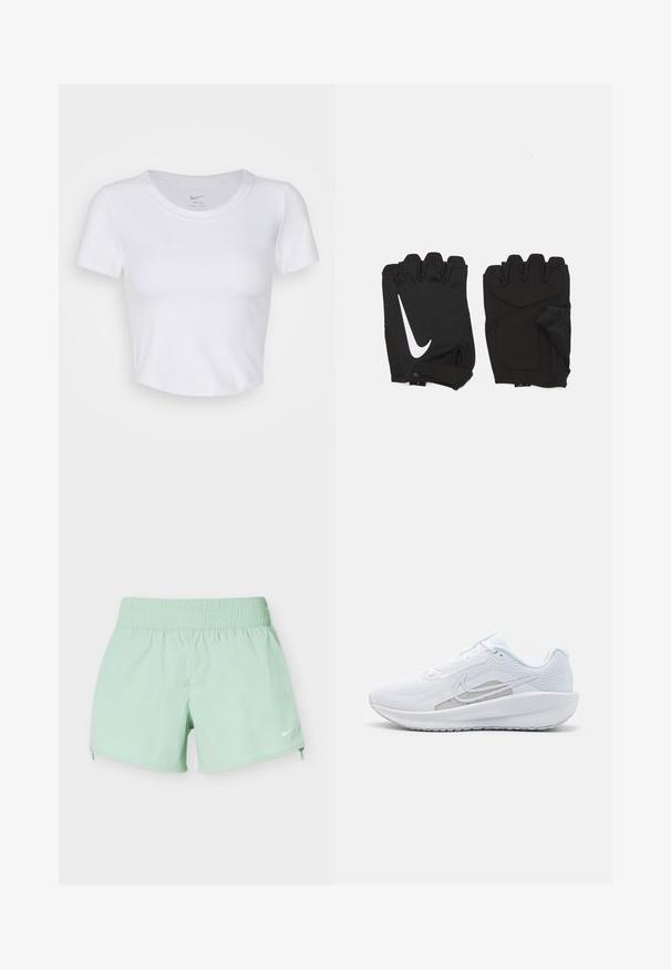 Weißes, kurzärmeliges Cropped-Top aus glattem, synthetischem Material. Hat einen runden Halsausschnitt und ein Nike-Logo im Kragen.; Hellgrüne Sportshorts mit elastischem Bund und kleinem weißen Nike-Swoosh am unteren rechten Bein vor weißem Hintergrund.; Weißer Sport Schuh mit Mesh-Obermaterial, abgerundeter Zehenpartie und strukturiertem Sohlenprofil. Mit einem silbernen Nike Swoosh und minimalistischem Design.; Schwarze fingerlose Fitnesshandschuhe aus atmungsaktivem Stoff, mit einem weißen Nike-Logo, gepolsterten Handflächen und einem offenen Handgelenkdesign für bessere Flexibilität.