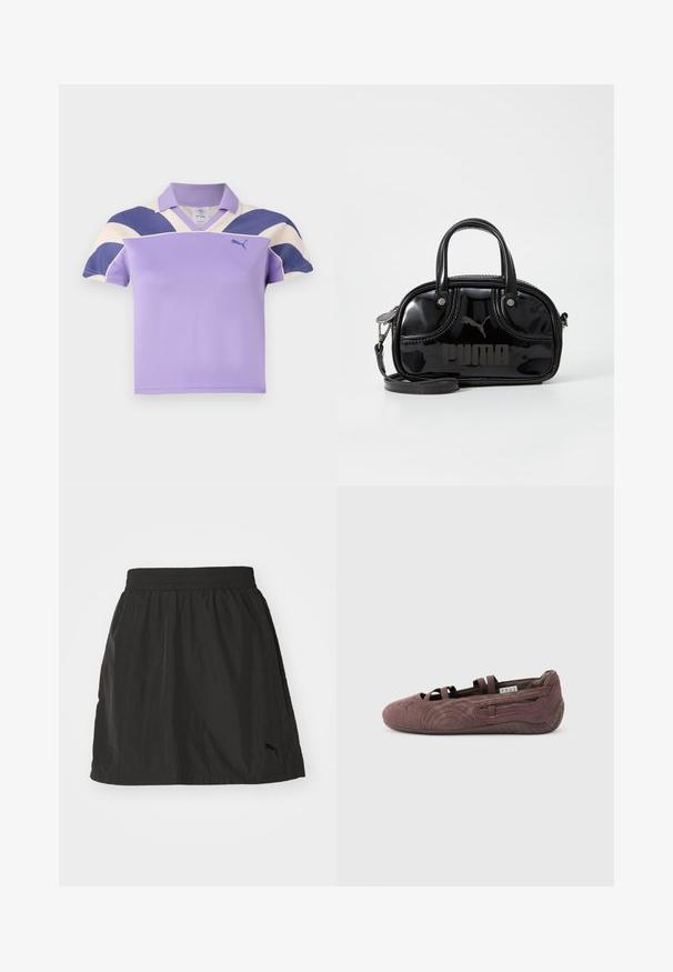 Lilla polo skjorte med krave, der har store cremefarvede og marineblå striber på skuldrene. Blødt, struktureret stof med et uformelt design.; Sort atletisk nederdel med elastisk talje, letvægtsstof, lige kant og subtilt broderet logo nederst til højre.; Brun ruskinds balletsko med elastiske stropper og tekstureret sål, vist i profil mod en ensfarvet lys baggrund.; Sort lakeret håndtaske med dobbelte top-håndtag, aftagelig skulderrem, rund form og et fremtrædende præget "PUMA"-logo.