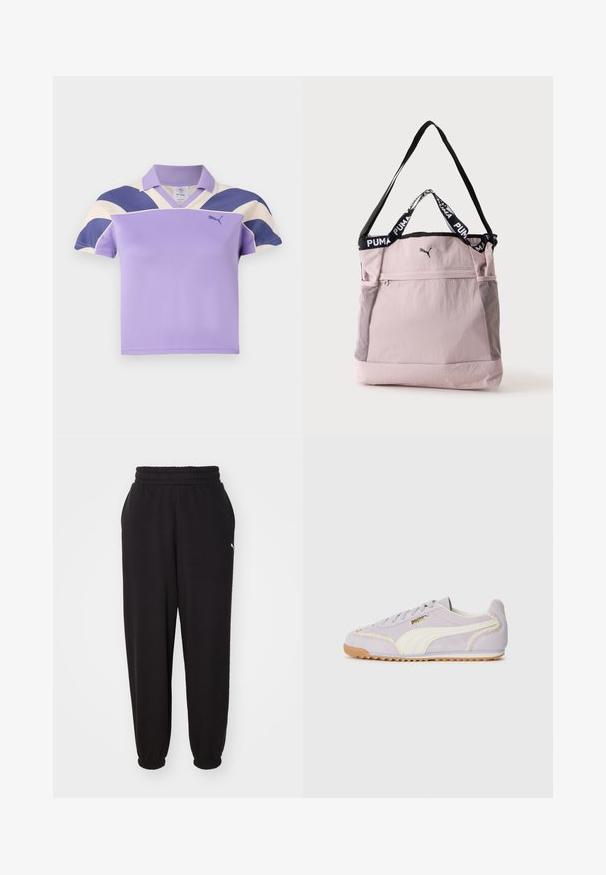 Violet polo-paita, jossa on kauluksellinen kaula, ja suuret vaaleanpunaiset ja laivastonsiniset raidoitukset olkapäillä. Pehmeä, tekstuuriainen kangas, rento muotoilu.; Mustat collegehousut, jotka on valmistettu pehmeästä kankaasta. Niissä on ribatut vyötärö ja resorit nilkoissa. Sivussa on pieni logoleima.; Violetti samettiset urheilukengät, joissa on valkoiset sivupaneelit ja kuminen pohja. Ominaisuuksiin kuuluvat ommellut yksityiskohdat ja pieni kultainen logo sivulla.; Vaaleanpunainen Puma-kantolaukku mustalla olkahihnalla, lyhyet kahvat, joissa Puma-logo, etutasku vetoketjulla ja sivuilla verkkotaskut.