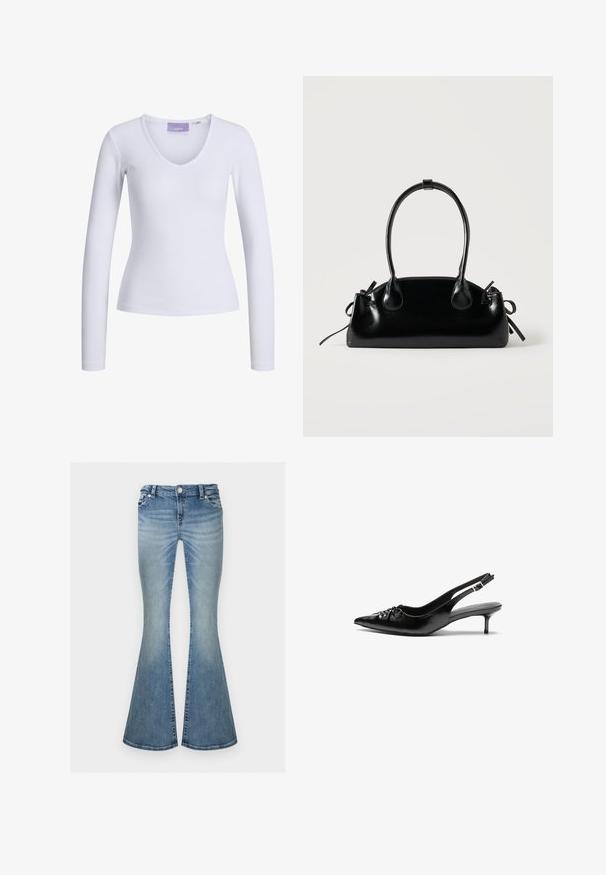 Hvid langærmet top med ribbet tekstur og V-udskæring. Etikette synlig indeni halsen med mærkenavnet "JJXX."; Lyseblå falmede denimjeans med høj talje og vide, flagrende ben, med forlommer og knaplukning.; Sorte læder slingback-pumps med spids tå, lav kitten-hæl og rynket detalje på overdelen. Glat tekstur og minimalistisk design.; Lille sort blank håndtaske med to lange håndtag og snøre-detaljer i siden på en ensfarvet lys baggrund.