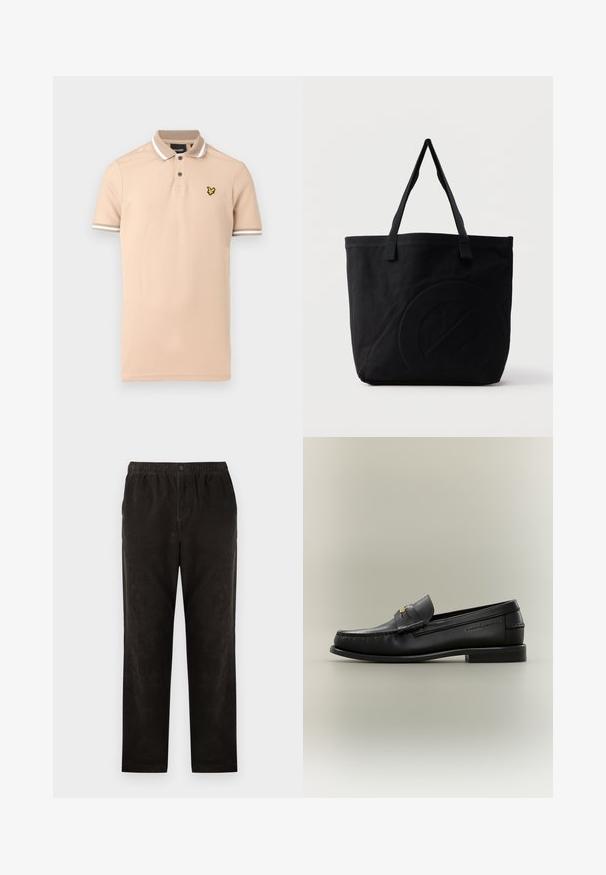 Polo beige en coton, avec un plastron à deux boutons, des accents rayés blancs sur le col et les manches, ainsi qu'un logo jaune sur la poitrine.; Pantalons en velours côtelé noir avec une coupe droite, dotés d'une taille élastique et d'une fermeture à un seul bouton. Texture lisse, détails minimaux.; Mocassin noir en cuir à enfiler avec petit talon, boucle dorée et nom de marque embossé sur le côté sur fond neutre.; Sac fourre-tout en toile noire avec deux bandoulières et un motif circulaire discret en relief sur le devant.