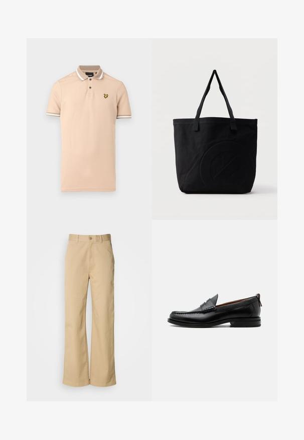 Beige poloshirt lavet af bomuld med en to-knaps lukning, hvide stribede detaljer på kraven og ærmerne, samt en gul logo på brystet.; Beige, vidde bukser lavet af en bomuldsblanding. Har en knaplukning og bæltestropper. Glat tekstur med minimale syninger.; Sort læder herre loafer med moc-tå syning, penny strop, struktureret krave og lav stablet hæl på hvid baggrund.; Sort canvas-tote-taske med to skulderstropper og et diskret præget cirkeldesign på fronten.