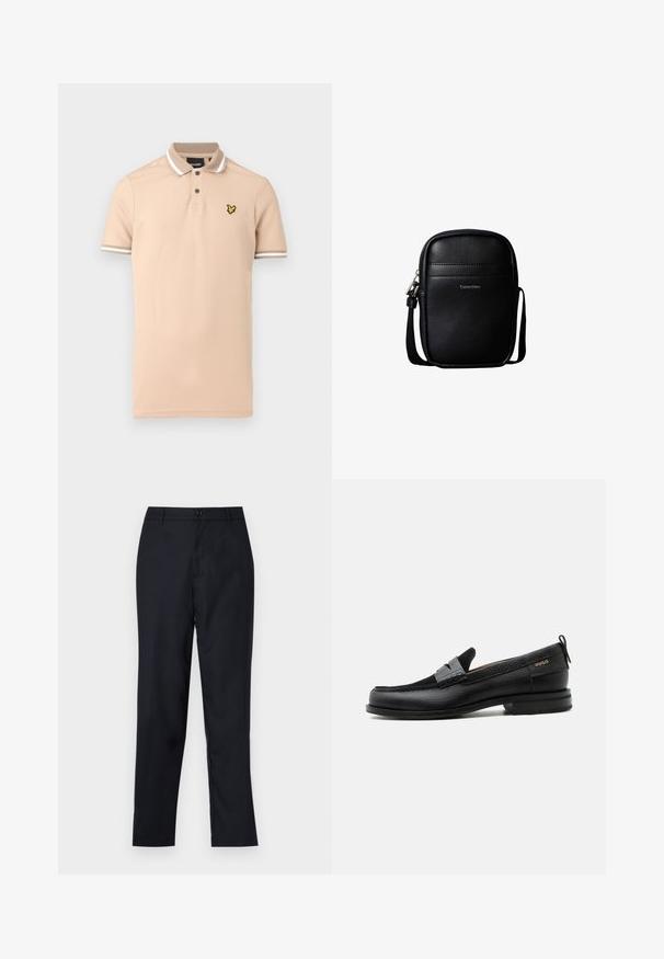 Polo beige en coton, avec un plastron à deux boutons, des accents rayés blancs sur le col et les manches, ainsi qu'un logo jaune sur la poitrine.; Pantalon bleu marin en tissu lisse, avec un design à jambe droite, une fermeture à bouton unique et de légères plis avant.; Mocassin en cuir noir avec détail de bride grise, talon bas et semelle texturée, marqué "HUGO" en or sur le côté.; Sac bandoulière compact en cuir noir texturé avec surpiqûres à l'avant et logo "Calvin Klein", doté d'une sangle d'épaule réglable.