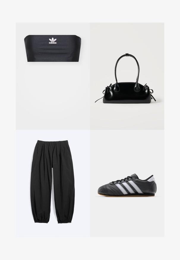 Čierny bandeau top vyrobený z hladkej textílie, s bielym logom Adidas umiestneným v strede na prednej strane, bez ďalších vzorov alebo ozdôb.; Voľné čierne zužujúce sa nohavice s elastickým pásom a manžetami na členkoch, vyrobené z ľahkej látky.; Čierne kožené športové topánky s bielymi pruhmi, okrúly špička, plochá podrážka a šnurovanie. Obsahujú perforácie pre lepšiu priedušnosť.; Malá čierna lesklá kabelka s dvoma dlhými rúčkami a bočnými šnúrkovými detailmi na jednoduchom svetlom pozadí.