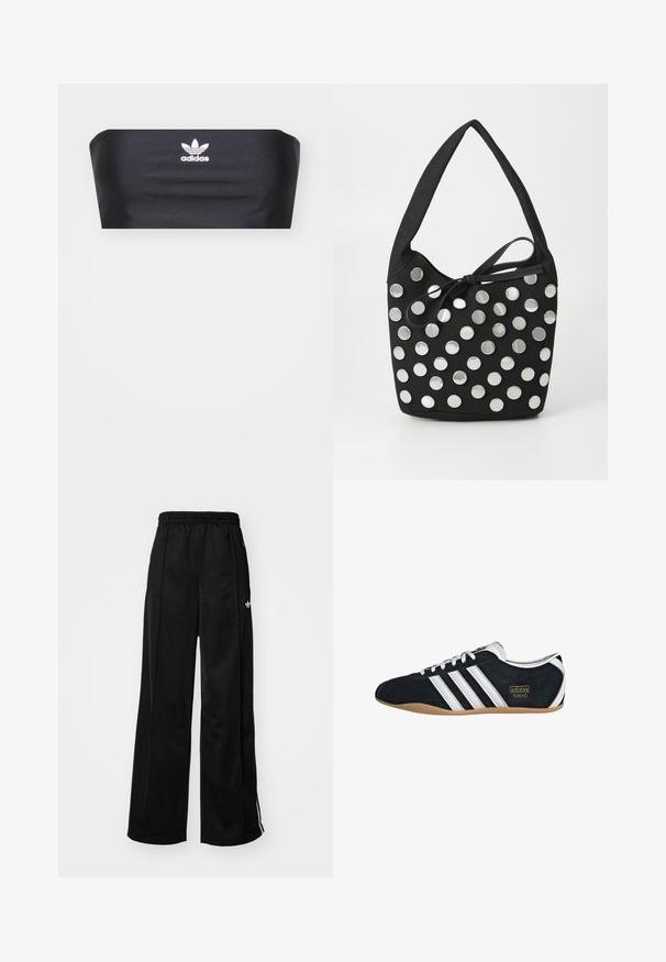 Mustat bandeau-top, joka on valmistettu sileästä kankaasta. Etupuolella keskellä on valkoinen Adidas-logo, eikä siinä ole muita kuvioita tai koristeita.; Musta leveälahkeinen treenihousut, jossa on elastinen vyötärö, valkoiset sivutossut ja pieni logo vasemmassa lonkassa. Silkkinen kangastunne.; Mustat mokkakengät, joissa on valkoiset kolme raitaa, kultainen logo ja ruskea kumipohja. Varustettu matalaprofiilisella nauhakiinnityksellä.; Mustakankainen käsilaukku pyöreällä muodolla, jossa on hopeisia pyöreitä metalliniittejä järjestettynä kuvioon, sekä sidottu kangaskoriste.
