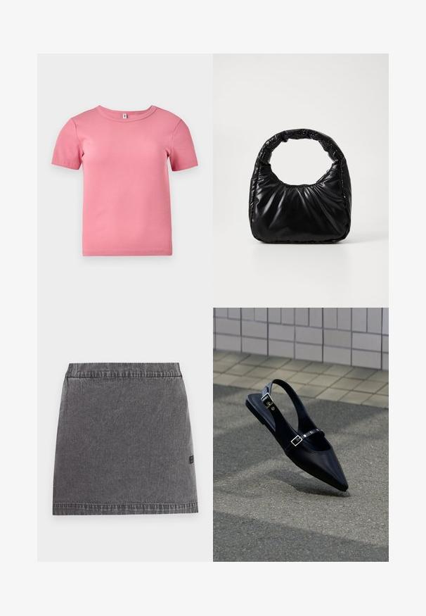 Korte mouwen roze geribbelde T-shirt gemaakt van zachte stof, met een ronde halslijn en een iets getailleerd ontwerp.; Donkergrijze denim minirok met rechte snit, elastische tailleband en subtiele stikdetails op een effen achtergrond.; Zwarte platte slingback met spits toelopende neus en dubbele gespsluitingen, rustend op grijs asfalt bij een achtergrond van betegelde muur.; Zwarte gevoerde handtas met een ronde handgreep, met een gladde, glanzende oppervlakte en een zachte, gewatteerde textuur. Geen zichtbare metalen onderdelen of accenten.