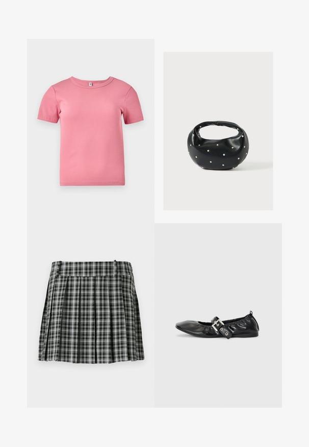 Kortærmet lyserød ribbet T-shirt lavet af blødt stof, med rund halsudskæring og en let tætsiddende pasform.; Sort-hvidt ternet plisseret nederdel med en glat talje og flere lodrette folder. Fremstillet af let stof.; Sorte læder flade sko med spids tå, samling detaljer omkring åbningen, og en sølv spænde accent på den justerbare rem.; Sort læderhåndtaske med en rundet form, dekoreret med sølvnitter, og et kort håndtag. Glat tekstur og lynlåslukning.