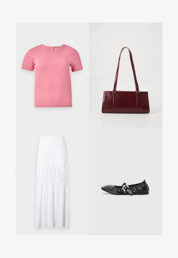 Korte mouwen roze geribbelde T-shirt gemaakt van zachte stof, met een ronde halslijn en een iets getailleerd ontwerp.; Witte, gelaagde maxi-rok gemaakt van lichtgewicht stof. Voorzien van een elastische tailleband en een subtiele textuur met horizontale naden.; Zwarte leren platte schoen met een spitse neus, geplooide details rond de opening en een zilveren gespaccentueerde verstelbare band.; Bourgondische handtas van glanzend materiaal, rechthoekige vorm, met twee schouderbanden en subtiele gebogen accenten aan de voorkant.