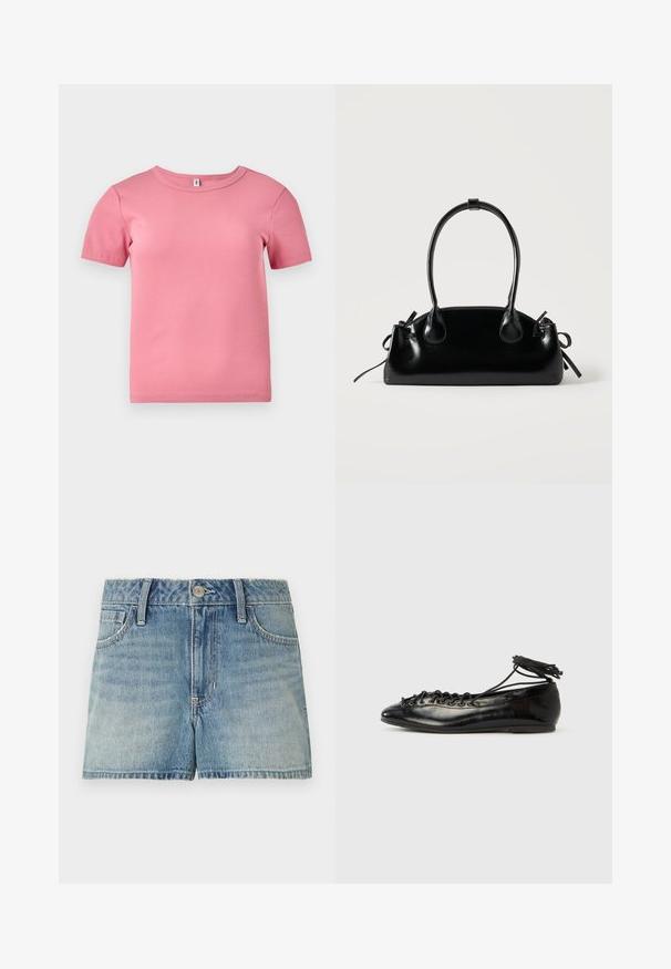 Kortærmet lyserød ribbet T-shirt lavet af blødt stof, med rund halsudskæring og en let tætsiddende pasform.; Lyseblå denimshorts med frontknap, lynlås, bæltestropper og forlommer, lagt fladt på en hvid baggrund.; Sorte balletflade sko i laklæder med rundet tå, snørelukning og flad sål. Glat tekstur med få detaljer.; Lille sort blank håndtaske med to lange håndtag og snøre-detaljer i siden på en ensfarvet lys baggrund.