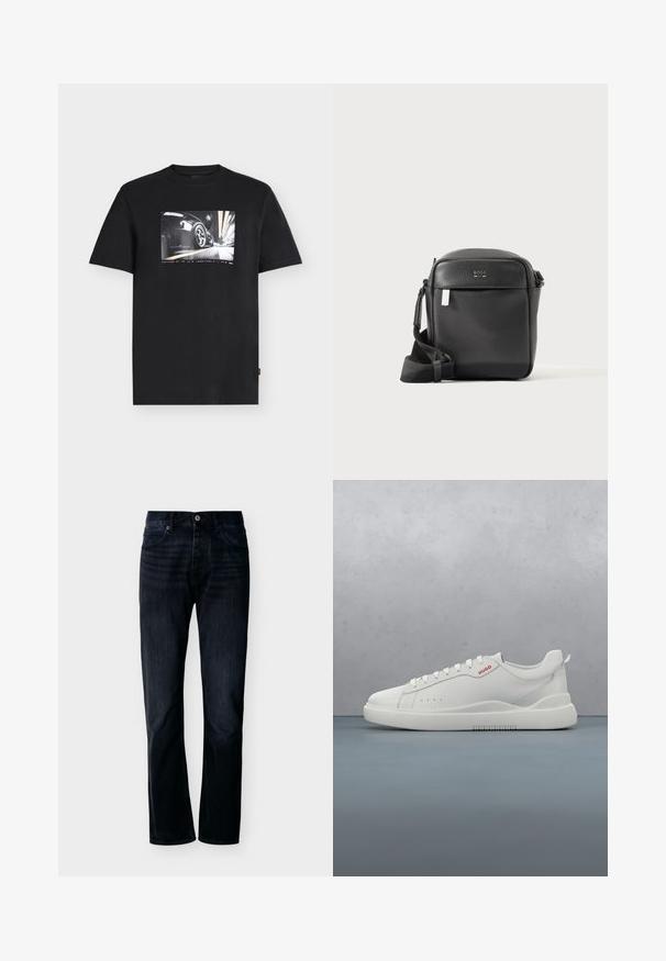 Μαύρο κοντομάνικο T-shirt με γραφικό ενός γρήγορου μαύρου σπορ αυτοκινήτου, που φαίνεται από πίσω δεξιά από το ελαστικό, στο κέντρο μπροστά.; Σκούρα μπλε-ίντιγκο τζιν με ίσιο κόψιμο, μπροστινό κούμπωμα με κουμπιά και φερμουάρ, θηλιές για ζώνη και πεντατσέπια, απεικονίζεται σε απλό ανοικτό φόντο.; Λευκό παπούτσι sneaker με λείο δερμάτινο φινίρισμα, στρογγυλή μύτη, τέσσερις τρυπούλες, διακριτές οπές και κόκκινη λεπτομέρεια λογότυπου στο πλάι.; Μαύρη υφασμάτινη δερμάτινη τσάντα χιαστί με μπροστινή τσέπη και ρυθμιζόμενο ιμάντα, εμφανίζεται σε απλό φωτεινό φόντο.