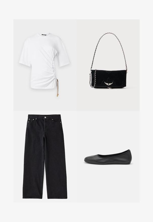 T-shirt courte blanche à manches courtes avec ruching sur les côtés et un cordon de serrage avec quincaillerie dorée pour un ajustement réglable. Tissu en coton lisse.; Jean en denim noir à jambes larges avec cinq poches, fermeture à bouton et accessoires en métal argenté. Offre une silhouette propre et ajustée ainsi qu'une texture subtile.; Ballerines en cuir noir avec un bout rond, texture lisse, détails de couture minimalistes et design de semelle flexible.; Sac à main rectangulaire noir avec un emblème ailé argenté sur le devant et une bandoulière chaîne argentée sur fond uni.