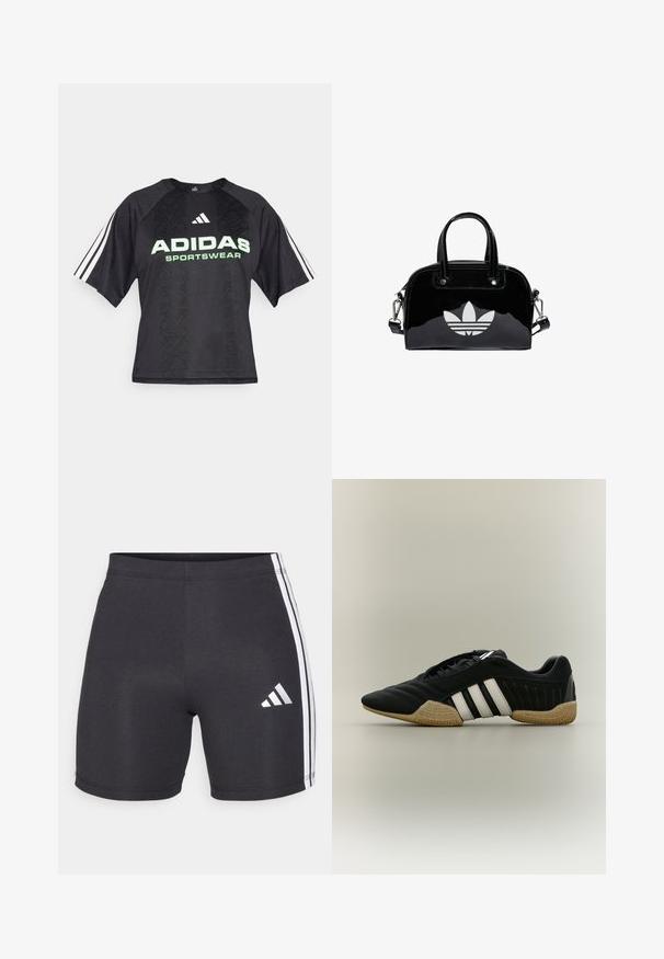 Čierne športové tričko s textúrovaným vzorom, na ktorom je zelené logo "ADIDAS SPORTSWEAR" a tri biele pruhy na každom rukáve.; Čierne športové šortky vyrobené z elastického materiálu, s bielymi bočnými pruhmi a logom Adidas na dolnej pravej nohe. Hladká textura.; Čierna športová obuv s bielymi pruhmi a béžovou textúrovanou podrážkou na neutrálom pozadí, zobrazená zo strany.; Čierna lakovaná kožená kabelka s okrúhlym tvarom, dvojitými hornými rúčkami, striebornými akcentmi a výrazným bielym logom na prednej strane.