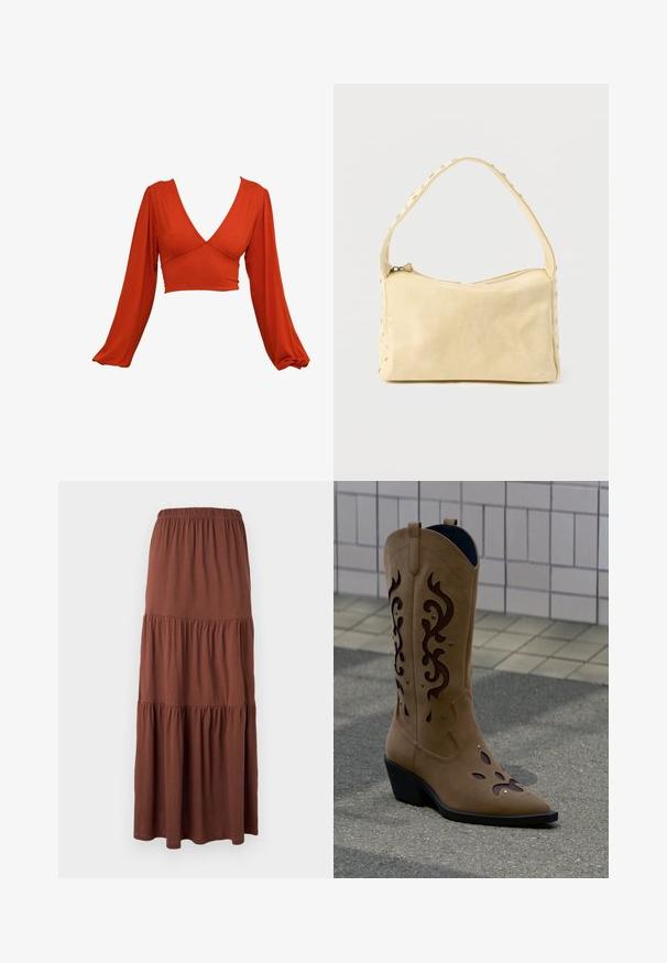Rode lange mouwen crop top met een diepe V-hals en geplooide mouwen. Gemaakt van een zachte, rekbare stof met een gladde textuur. Geen zichtbare patronen.; Bruine maxi rok met lagen en elastische tailleband, gemaakt van zachte, lichte stof, plat hangend tegen een witte achtergrond.; Beige suède cowboylaars met donkerbruine decoratieve uitsneden en stiksels, staand op het trottoir voor een betegelde muur.; Kleine beige leren handtas met een enkele band en zilveren studs langs de randen en band, tegen een effen achtergrond.