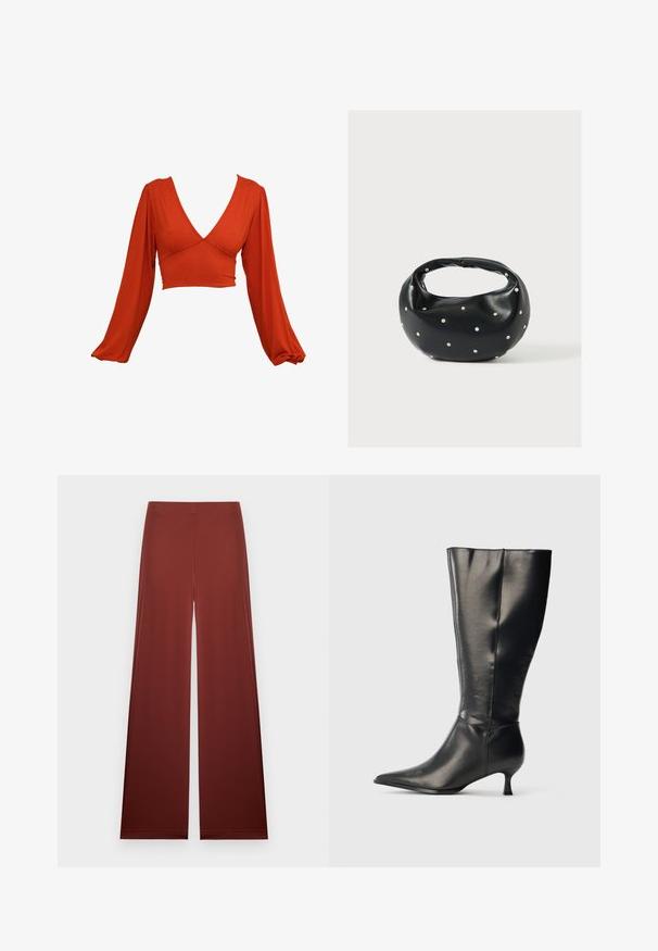 Rode lange mouwen crop top met een diepe V-hals en geplooide mouwen. Gemaakt van een zachte, rekbare stof met een gladde textuur. Geen zichtbare patronen.; Recht gesneden broek met hoge taille in effen roestbruin, met een gladde tailleband zonder zichtbare sluitingen of zakken.; Zwarte leren kniehoge laars met puntige neus en lage kittenhak, weergegeven op een effen lichte achtergrond.; Zwarte leren handtas met een afgeronde vorm, versierd met zilveren studs, en een korte handgreep. Gladde textuur en ritsluiting.