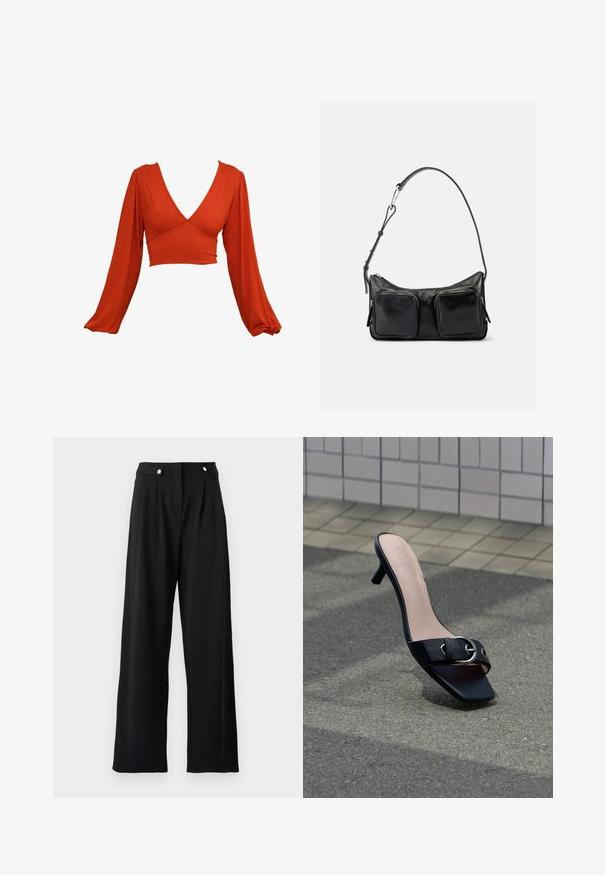 Červený dlhý rukáv, crop top s hlbokým V-výstrihom a plisovanými rukávmi. Vyrobený z mäkkej, elastickej látky s hladkou textúrou. Žiadne viditeľné vzory.; Čierne široké nohavice s hladkou textúrou, s vysokým pásom, prednými skladmi a kovovými gombíkmi ako ozdobou.; Čierna sandále na podpätku s otvorenou pätou a štvorcovou špičkou, so striebornou prackou na pásiku, položené na asfalte pri obkladenej stene.; Čierna kožená kabelka cez rameno s nastaviteľným popruhom a dvoma veľkými prednými vreckami na zips na jednoduchom svetlom pozadí.