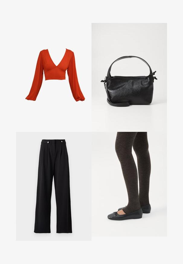 Červený dlhý rukáv, crop top s hlbokým V-výstrihom a plisovanými rukávmi. Vyrobený z mäkkej, elastickej látky s hladkou textúrou. Žiadne viditeľné vzory.; Čierne široké nohavice s hladkou textúrou, s vysokým pásom, prednými skladmi a kovovými gombíkmi ako ozdobou.; Nohy v tmavých pásikavých legínach v kombinácii s čiernymi balerínkami s malými mašličkami na bielom pozadí.; Čierna kožená kabelka so štruktúrovaným dizajnom, okrúhlym horným uchom a odnímateľným ramenným popruhom. Má hladkú textúru a jemný lesk.