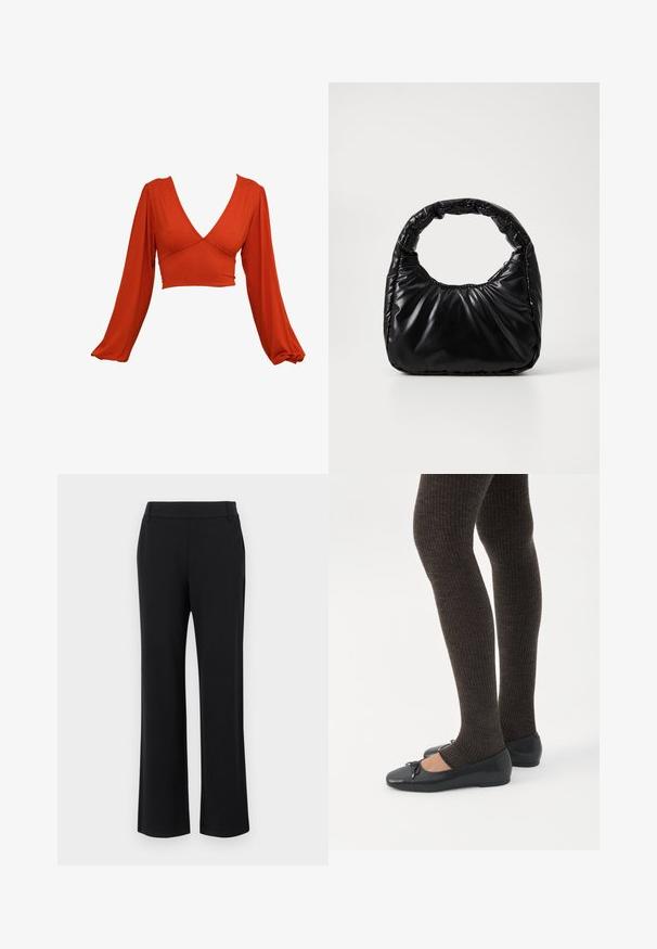 Červený dlhý rukáv, crop top s hlbokým V-výstrihom a plisovanými rukávmi. Vyrobený z mäkkej, elastickej látky s hladkou textúrou. Žiadne viditeľné vzory.; Čierne, rozšírené nohavice s hladkou textúrou, stredne vysokým pásom a bočnými vreckami. Jednoduchý dizajn bez vzorov alebo ozdôb.; Nohy v tmavých pásikavých legínach v kombinácii s čiernymi balerínkami s malými mašličkami na bielom pozadí.; Čierna vycpaná kabelka s okrúhlym držadlom, s hladkým, lesklým povrchom a jemnou prešitou textúrou. Žiadne viditeľné kovanie ani akcenty.