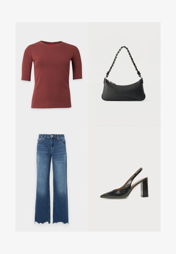 T-shirt marron à manches courtes et col rond, uni, coupe régulière, présenté sur fond blanc.; Jean flare en denim bleu moyen, avec un ourlet effiloché, cinq poches et une fermeture avant à boutons.; Chaussure slingback en cuir noir à bout pointu avec un talon bloc haut et une doublure intérieure beige sur un fond clair uni.; Sac à bandoulière en cuir noir de forme rectangulaire incurvée, avec une chaîne dorée tissée dans la bandoulière noire tressée et une fermeture éclair sur le dessus.