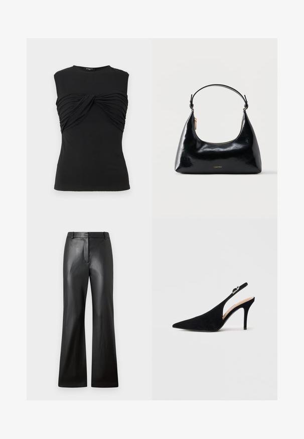 Débardeur noir sans manches avec un détail en tissu torsadé et froncé sur la poitrine et un col rond.; Pantalons en cuir noir avec une texture lisse, design à jambes larges et une taille mi-haute dotée de passants de ceinture et de poches avant.; Escarpin slingback en suède noir avec bout pointu et talon haut et fin sur fond blanc.; Sac à main Calvin Klein noir brillant avec fermeture éclair dorée et anse courte sur fond blanc uni.