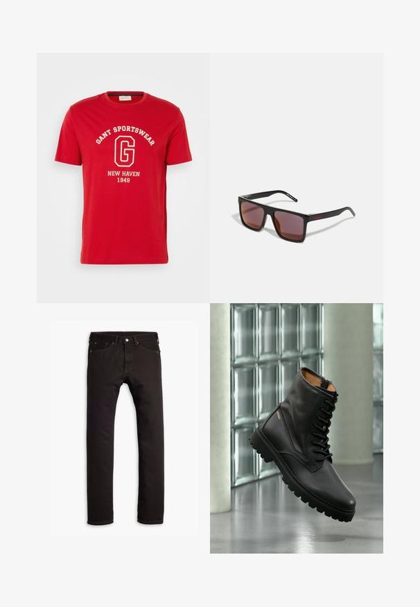 Κόκκινο κοντομάνικο T-shirt από βαμβάκι, με λευκή εκτύπωση του κειμένου "GANT SPORTSWEAR" και "NEW HAVEN 1949" σε κλασική γραμματοσειρά.; Μαύρα στενά τζιν παντελόνια με πέντε τσέπες και κλείσιμο με κουμπί, απλωμένα σε λευκό φόντο.; Μαύρο δερμάτινο μποτάκι μάχης με κορδόνια και χοντρή σόλα, χρυσλό λογότυπο "HUGO" στην πλευρά, εκτεθειμένο σε σύγχρονο εσωτερικό χώρο με φόντο τοίχο από γυάλινα τούβλα.; Μαύρα ορθογώνια γυαλιά ηλίου με σκούρους κόκκινους φακούς, με ματ φινίρισμα και κόκκινο λογότυπο στον βραχίονα. Ανθεκτικό πλαστικό σκελετό.