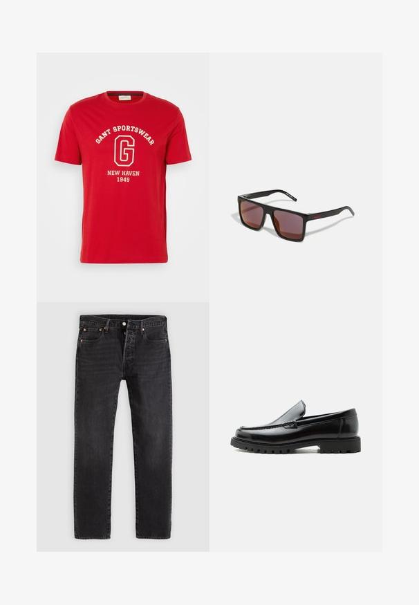 T-shirt rouge à manches courtes, en coton, avec un imprimé en texte blanc "GANT SPORTSWEAR" et "NEW HAVEN 1949" dans une police classique.; Jean en denim noir à coupe droite, avec deux poches avant, une poche à monnaie et des rivets en métal. Design classique à cinq poches.; Mocassin en cuir noir avec semelle en caoutchouc épaisse, dessus cousu et nom de marque embossé sur le talon, présenté de profil sur fond blanc.; Lunettes de soleil rectangulaires noires avec des verres rouge foncé, présentant une finition mate et un logo rouge sur la branche. Monture en plastique robuste.