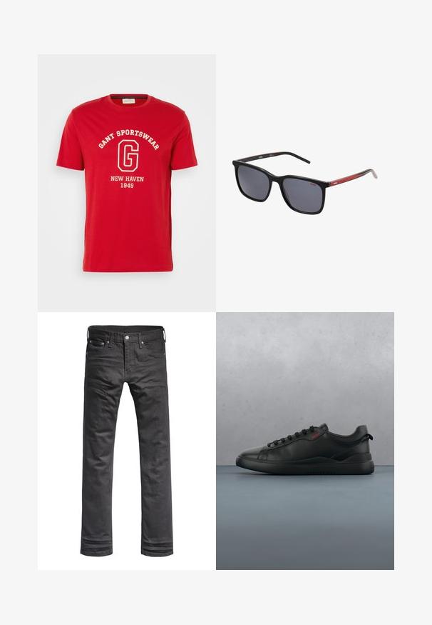 Κόκκινο κοντομάνικο T-shirt από βαμβάκι, με λευκή εκτύπωση του κειμένου "GANT SPORTSWEAR" και "NEW HAVEN 1949" σε κλασική γραμματοσειρά.; Μαύρα τζιν παντελόνια με κλασικό ίσιο σχέδιο. Διαθέτουν μπροστινές τσέπες, κουμπωτό φερμουάρ και διακριτές ραφές.; HUGO BLAKE - Αθλητικά παπούτσια - black; Τετράγωνα γυαλιά ηλίου με μαύρους πλαστικούς σκελετούς και σκούρους γκρίζους φακούς. Διαθέτουν κόκκινες λεπτομέρειες στα μπράτσα, με την επωνυμία "HUGO".
