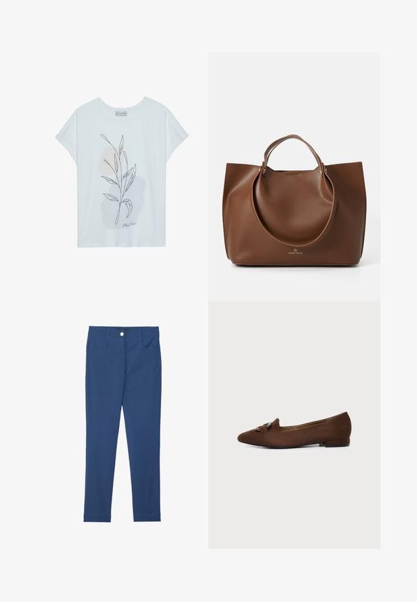 Witte T-shirt met korte mouwen, voorzien van een bladomrissingsontwerp in zwart en zachte beige abstracte vormen. Onder aan staat de tekst "Plant love".; Blauwe slim-fit broek van een katoenmix, met een knoop aan de voorkant, ritssluiting, twee zakken en een schone, gladde textuur.; Bruine platte schoen met puntige neus en decoratief gespdetail bovenop, tegen een effen lichte achtergrond.; Bruine leren tote bag met een gladde textuur, grote ronde handvatten, met een minimalistisch design en een logo dat aan de basis is geperst.
