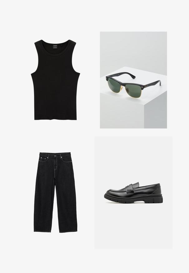Zwarte geribbelde tanktop met een ronde halslijn en wijde armsgaten, gemaakt van een zachte, rekbare stof. Label: Pull&Bear.; Zwarte wijde denim jeans met voorzakken, riemlussen en een knoopsluiting.; Zwarte leren instapper met een brede band over de voet, rubberen zool met dikke noppen en een gladde textuur. Klassiek, strak ontwerp.; Ray-Ban zonnebrillen met groene lenzen, zwarte plastic monturen en gouden accenten aan de randen. Vierkante vorm met een matte afwerking.