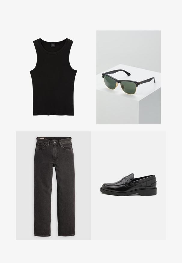 Débardeur noir à côtes avec un col rond et de larges emmanchures, fabriqué à partir d'un tissu doux et extensible. Étiquette : Pull&Bear.; Jeans en denim noir avec une coupe droite, cinq poches et des tringles métalliques. Le tissu présente une légère texture et une finition unie.; Mocassins en cuir noir avec une finition lisse, un bout rond, un petit talon et descoutures décoratives à l'avant. Semelle en caoutchouc pour l'adhérence.; Lunettes de soleil Ray-Ban avec des verres verts, monture en plastique noir et accents dorés sur les bords. Forme carrée avec une finition mate.