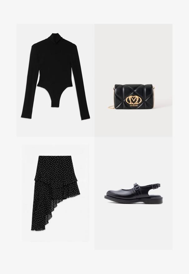 Sort langærmet bodysuit lavet af strækbart stof, med en høj mock neck og en tætsiddende design med thong bund.; Sort asymmetrisk nederdel med hvide prikker, flæset lagdelt kant og flydende chiffonstof.; Sort læder Mary Jane-stil sko med to justerbare spænde-remme og en tyk, rillet gummisål.; Sort quiltet læderhåndtaske med guldkædestrop og gyldent Love Moschino-logo foran i midten.