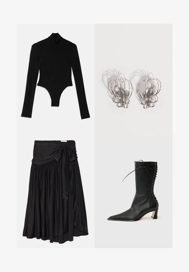 Bodysuit noir à manches longues en tissu extensible, avec un col montant et une coupe ajustée, doté d'un bas string.; Jupe noire en tissu lisse et fluide ; présente une large ceinture drapée avec un lien et des plis pour une silhouette aérienne.; Bottine noire en cuir avec bout pointu, talon fin, détail à lacets à l'arrière et œillets métalliques. Texture lisse avec un design élégant.; Paire de boucles d'oreilles en métal argenté avec un design en cage à fil ouvert et des formes ovales centrales lisses projetant des ombres courbes sur un fond blanc.