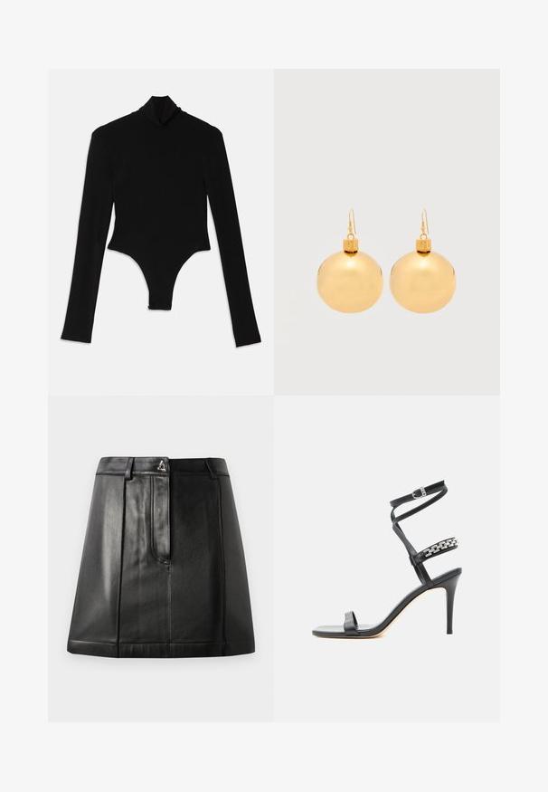 Bodysuit noir à manches longues en tissu extensible, avec un col montant et une coupe ajustée, doté d'un bas string.; Jupe en cuir noir avec une forme structurée, dotée d'une poche avant et d'un accent métallique à la taille. Texture lisse et détails de couture.; Sandale noire à talon haut avec fine bride à la cheville, bride médiane décorée de maillons de chaîne argentés, et design à bout ouvert.; Paire de boucles d'oreilles boule de Noël dorées brillantes avec fermoirs à crochet sur fond blanc uni.