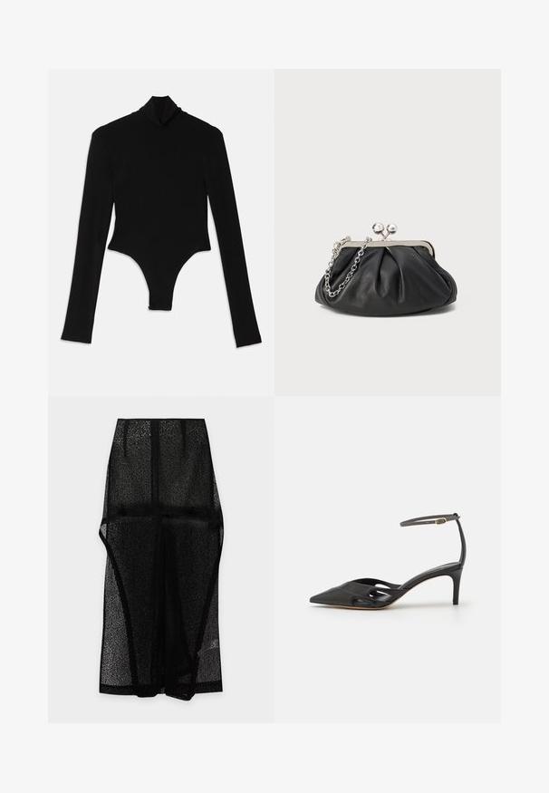 Sort langærmet bodysuit lavet af strækbart stof, med en høj mock neck og en tætsiddende design med thong bund.; Sort gennemsigtig mesh-nederdel med synlige sømme og en lige skæring, vist fladt mod en hvid baggrund.; Sort læder højhælet sko med spids tå, åbne sider og en tynd ankelrem med en lille guld detalje.; Sort læder clutch med samlet tekstur, sølvfarvet metalramme, kys-lås lukning og kædestrop. Glat, blød overflade.