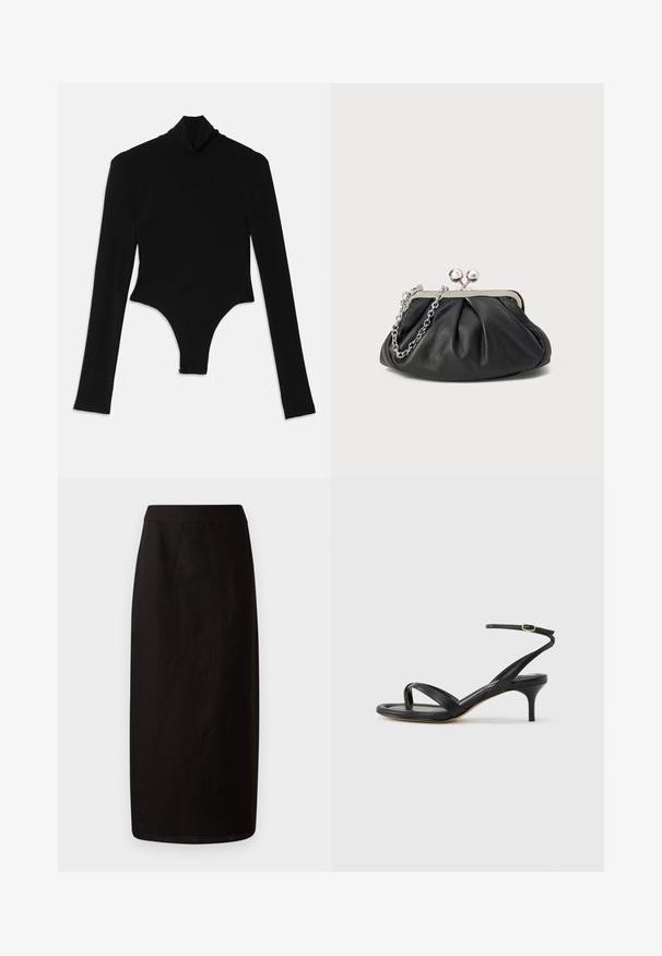 Bodysuit noir à manches longues en tissu extensible, avec un col montant et une coupe ajustée, doté d'un bas string.; Jupe midi noire en tissu léger. Elle présente une silhouette droite, une texture lisse et une taille simple sans embellissements.; Sandale pour femme en cuir noir avec fines lanières, une boucle d'orteil, une boucle à la cheville et un talon aiguille de hauteur moyenne sur un fond neutre.; Porte-monnaie en cuir noir avec texture froncée, cadre en métal argenté, fermeture à verrouillage kiss-lock et bandoulière en chaîne. Surface lisse et douce.