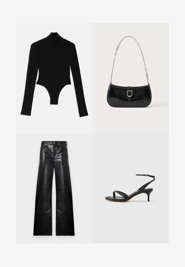 Bodysuit noir à manches longues en tissu extensible, avec un col montant et une coupe ajustée, doté d'un bas string.; Pantalon large en cuir noir avec une texture crocodile, fermeture à boutons, et design à cinq poches avec des accents en métal argenté.; Sandale pour femme en cuir noir avec fines lanières, une boucle d'orteil, une boucle à la cheville et un talon aiguille de hauteur moyenne sur un fond neutre.; Sac à épaule en cuir verni noir avec détail de boucle argentée et bandoulière en chaîne argentée, présenté sur un fond uni clair.