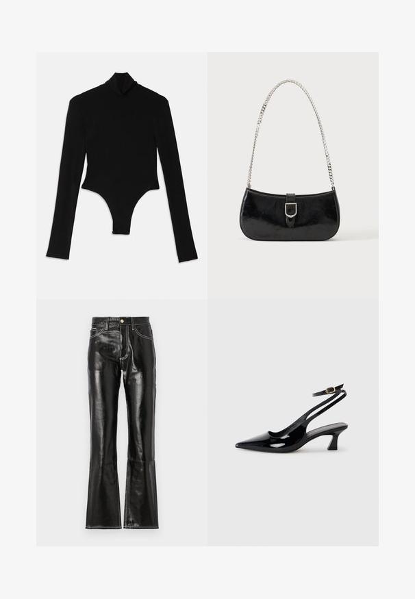Bodysuit noir à manches longues en tissu extensible, avec un col montant et une coupe ajustée, doté d'un bas string.; Pantalon noir taille haute évasé en matériau brillant avec des coutures blanches contrastantes et une fermeture éclair à l'avant. Comprend deux poches avant.; Escarpins à brides arrière en cuir verni noir, à bout pointu, avec un petit talon carré et une sangle de cheville ajustable dotée d'une boucle dorée.; Sac à épaule en cuir verni noir avec détail de boucle argentée et bandoulière en chaîne argentée, présenté sur un fond uni clair.