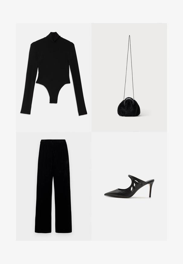 Sort langærmet bodysuit lavet af strækbart stof, med en høj mock neck og en tætsiddende design med thong bund.; Sorte brede bukser med elastisk talje og blødt fløjl, præsenteret mod en ensfarvet lys baggrund.; Sorte læder højhælede mules med spids tå, udskåret sideskærm og glat tekstur. Stiletthæl og subtil syning.; Lille sort taske i kunstpels med flettede top-håndtag og lang tynd skulderrem på ensfarvet baggrund.