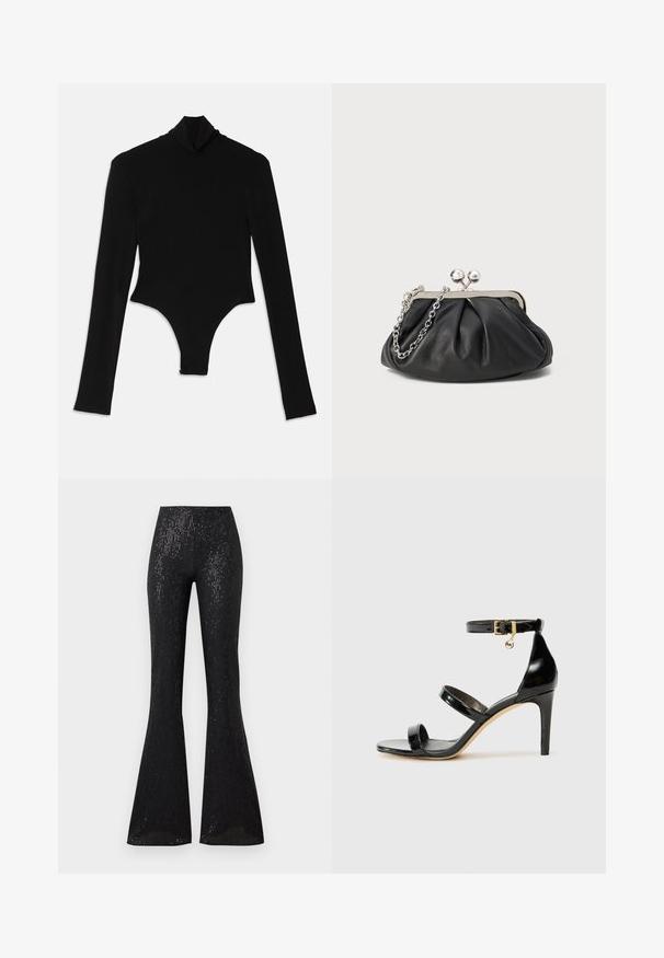 Bodysuit noir à manches longues en tissu extensible, avec un col montant et une coupe ajustée, doté d'un bas string.; Pantalons évasés noirs en tissu texturé et légèrement brillant, ornés de rayures verticales. La taille est élastiquée, ce qui améliore le confort et l'ajustement.; Sandale en cuir verni noir avec trois brides, boucle de cheville et talon aiguille de 10 cm. Présente un détail en métal doré et un charm logo.; Porte-monnaie en cuir noir avec texture froncée, cadre en métal argenté, fermeture à verrouillage kiss-lock et bandoulière en chaîne. Surface lisse et douce.