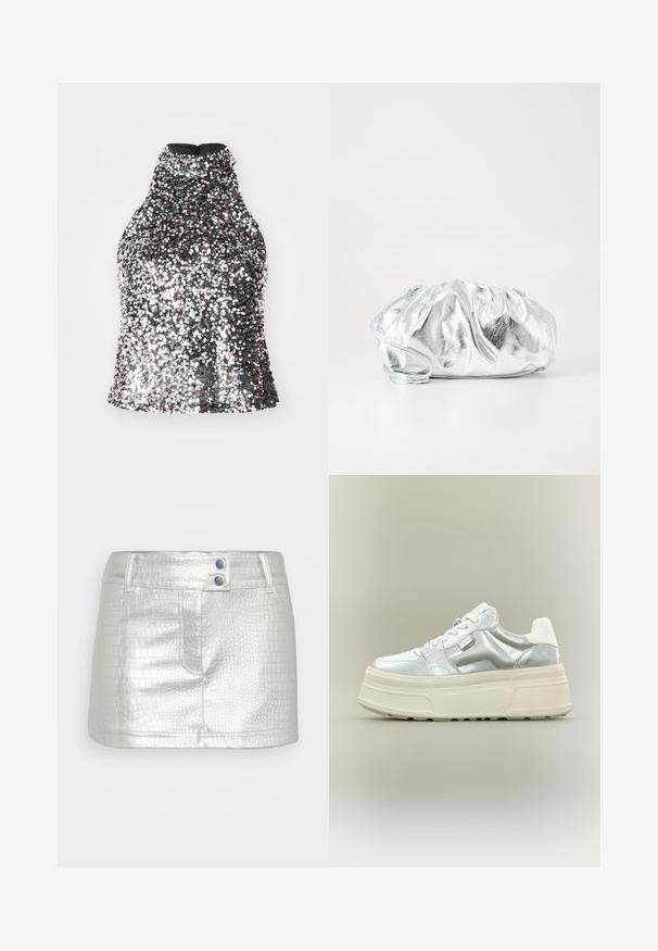 Sølvfarvet sequined halterneck-top med høj halsudskæring, tætsiddende bodice og glat indvendig stof. Har en lynlås i ryggen.; Sølvfarvet, kunstlæder nederdel med et tekstureret krokodillemønster, der har to blå knapdetaljer og en tætsiddende pasform.; Kraftig platform-sneaker med metallic sølv overdel, hvide snørebånd og tyk cremefarvet tekstureret sål, vist i sideprofil på neutral baggrund.; Metallisk sølv clutch taske med en blød, samlet krop og en tynd skulderrem. Har en glat, skinnende overflade og rund form.