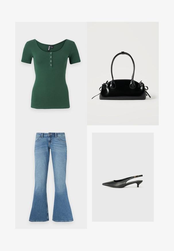 Geribbelde top met korte mouwen in donkergroen met een ronde hals. Voorzien van een knoopsluiting met zilverkleurige drukknoopjes. Zachte textuur.; Blauwe denim flared jeans met een hoge taille, voorzien van vijf zakken, contrasterende stiksels en een lichte kleurverloop naar de zoom toe.; Zwarte puntschoen met slingback van soepel leer. Kenmerkt zich door een dunne hak en een gespdetail op de verstelbare band.; Kleine zwarte glanzende handtas met twee lange hengsels en zijkant trekkoord details op een effen lichte achtergrond.
